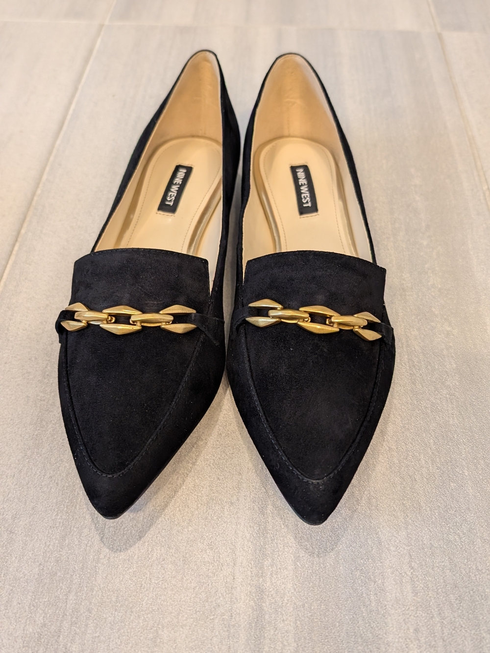 Nine West Black Suede flats with chic accent chain - NIB